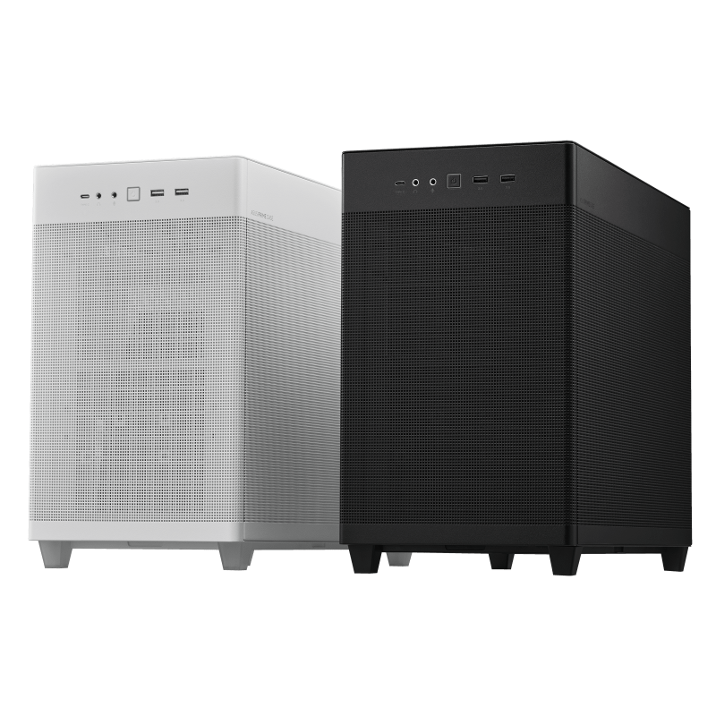 Two ASUS Prime AP201 chassis in white and black next to each other