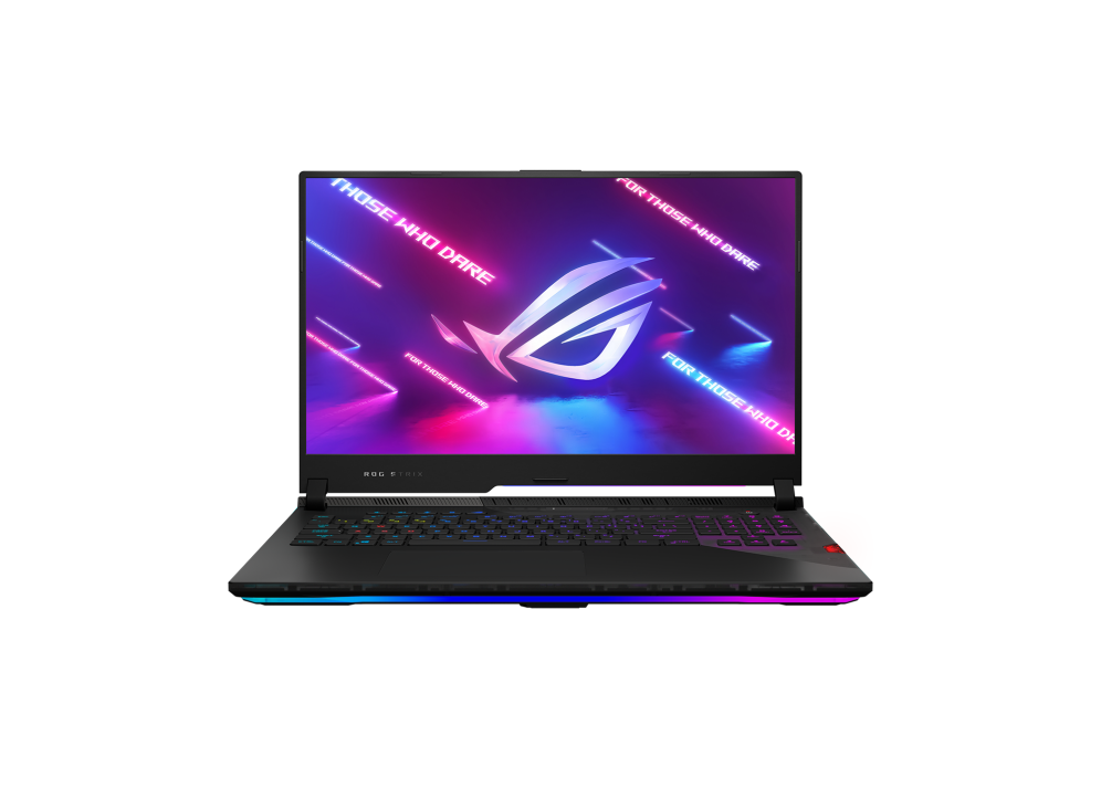 Front view of the ROG Strix SCAR 17, with the NumberPad and keyboard illuminated and ROG logo on screen.