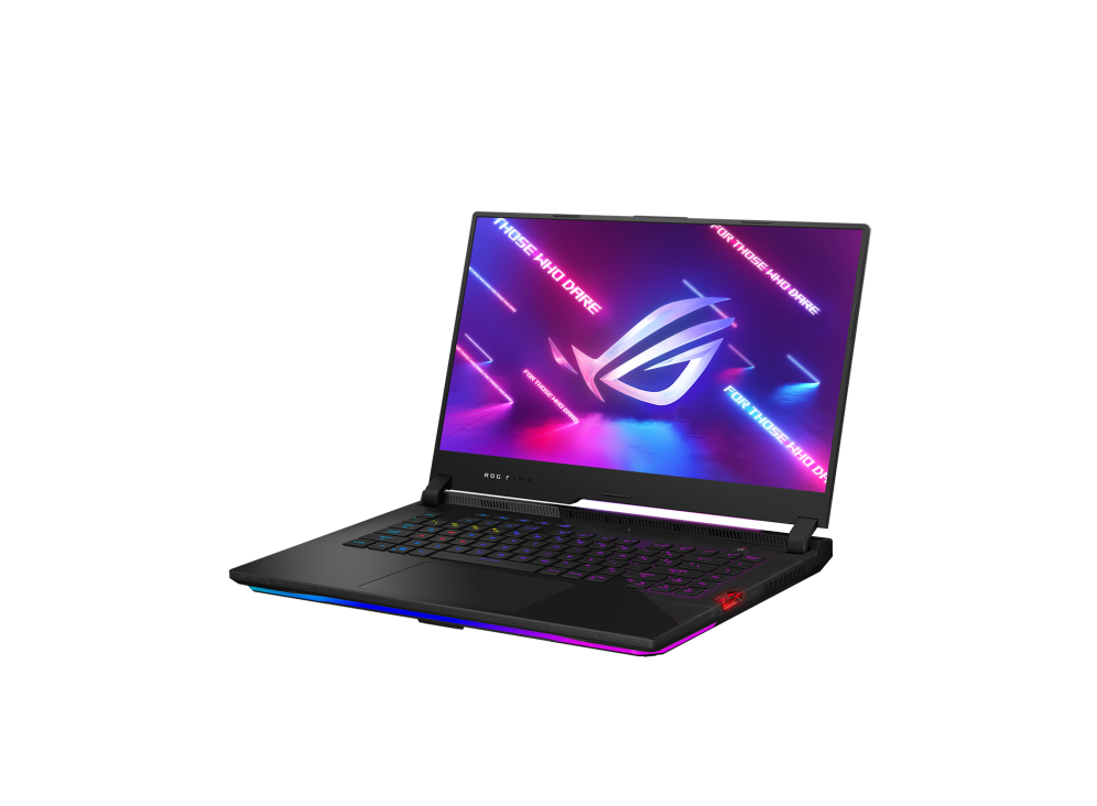 Off center rear view of the ROG Strix SCAR 15, with the lid half open.