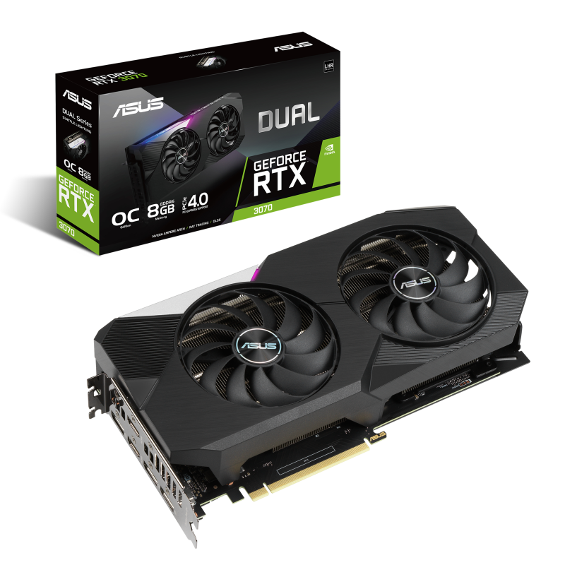 Dual GeForce RTX 3070 V2 OC edition packaging and graphics card