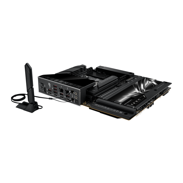 ROG CROSSHAIR X870E HERO BTF top and angled rear view on the left side with WIFI Antenna and I/O Port