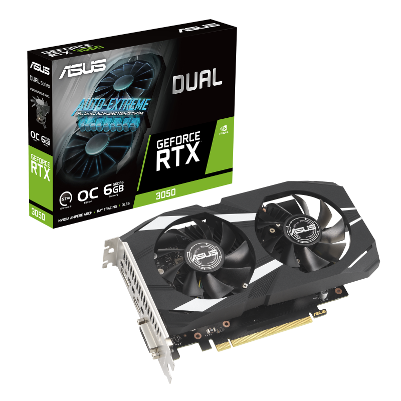 ASUS Dual GeForce RTX 3050 6G OC Edition colorbox and graphics card