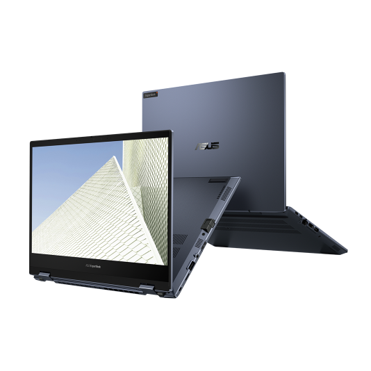 Dos laptops ASUS ExpertBook flotan en el aire. El que está en primer plano se muestra en modo flip, mostrando una imagen de un edificio blanco. El que está en el fondo se muestra desde atrás en un ligero ángulo, mostrando su cubierta Mineral Grey.
