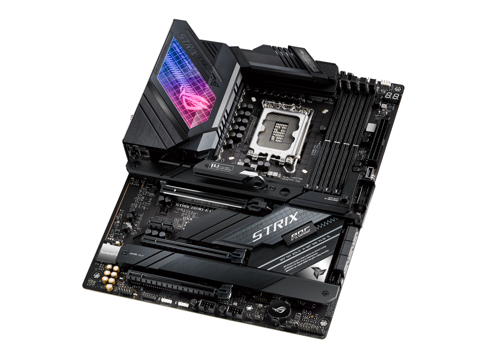 ROG STRIX Z690-E GAMING WIFI top and angled view from right