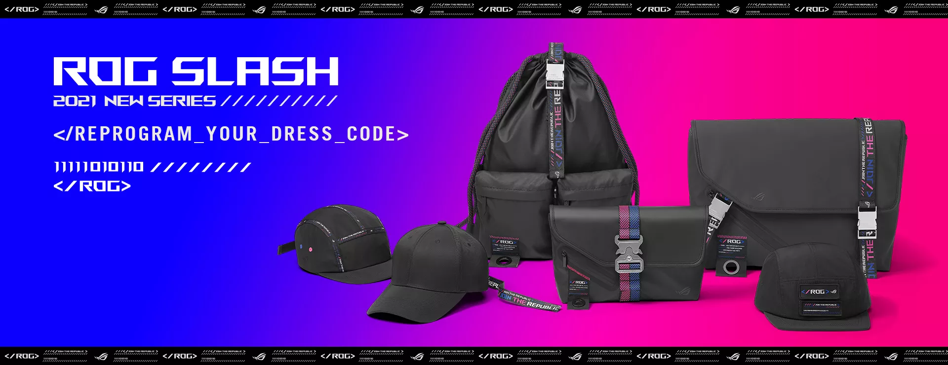 ROG Slash 2021 series accessories: ROG SLASH Multi-use Drawstring Bag, ROG SLASH Classic Messenger Bag, ROG SLASH Sling Bag, ROG SLASH Swappable Label Cap, ROG SLASH Inside Out Camp Cap, and ROG SLASH Classic Baseball Cap are placed in front of a colorful background which is inspired by classic red and blue esports tournament colors.