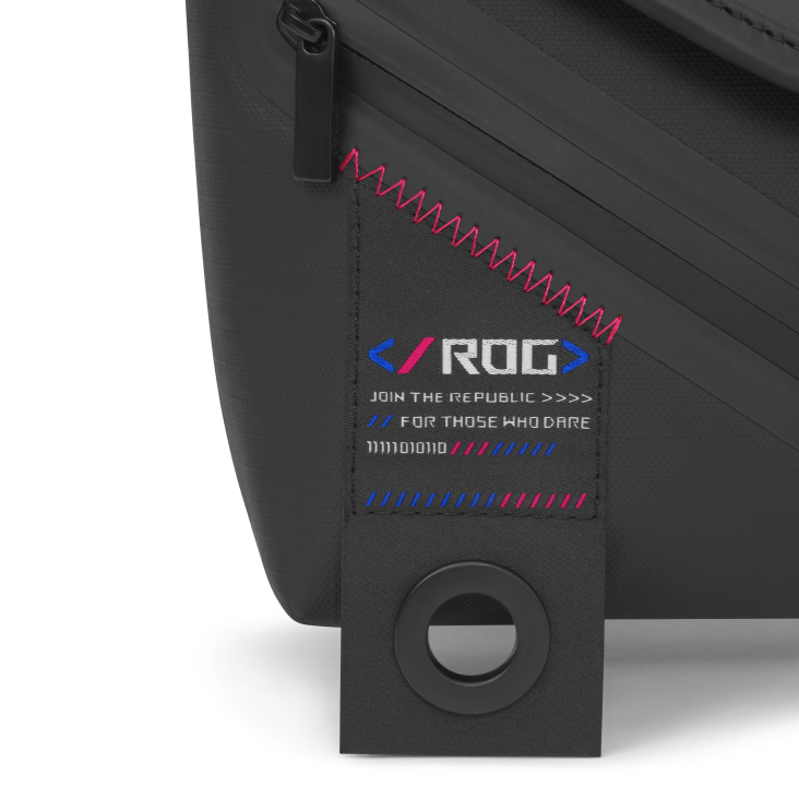Extreme close-up of the SLASH Sling Bag 2.0's ROG patch