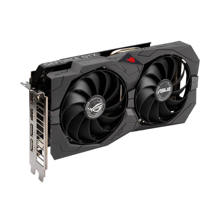 ROG-STRIX-GTX1650-A4GD6-GAMING graphics card, angled top down view, highlighting the fans, ARGB element, and I/O ports