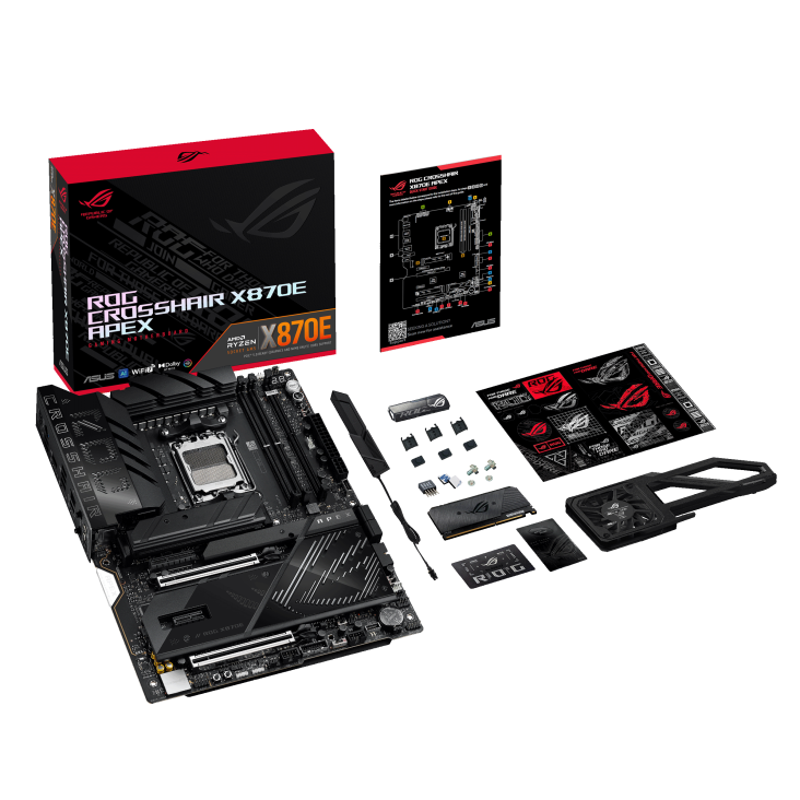 ROG CROSSHAIR X870E APEX top view with what’s inside the box
