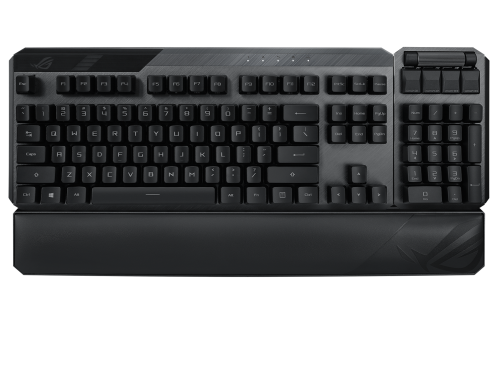 ROG Claymore II front view with wrist rest, lighting off