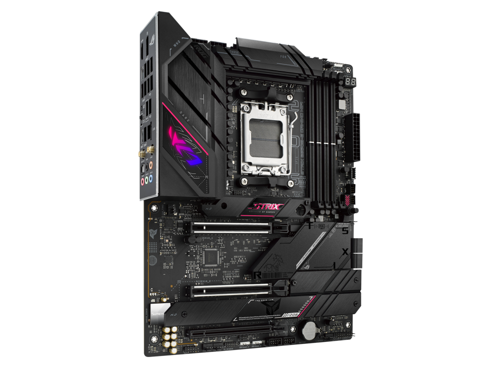 ROG STRIX B650E-E GAMING WIFI angled view from left