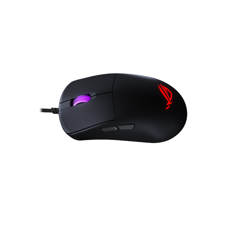 Angled front-right view of the ROG Harpe Mini Core, with illuminated scroll wheel and ROG logo visible.