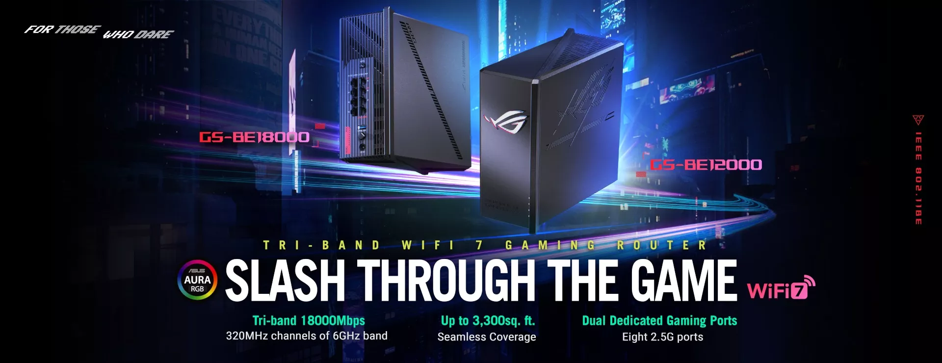 L'immagine mostra una doppia propsettiva del router ROG STRIX GS-BE18000
