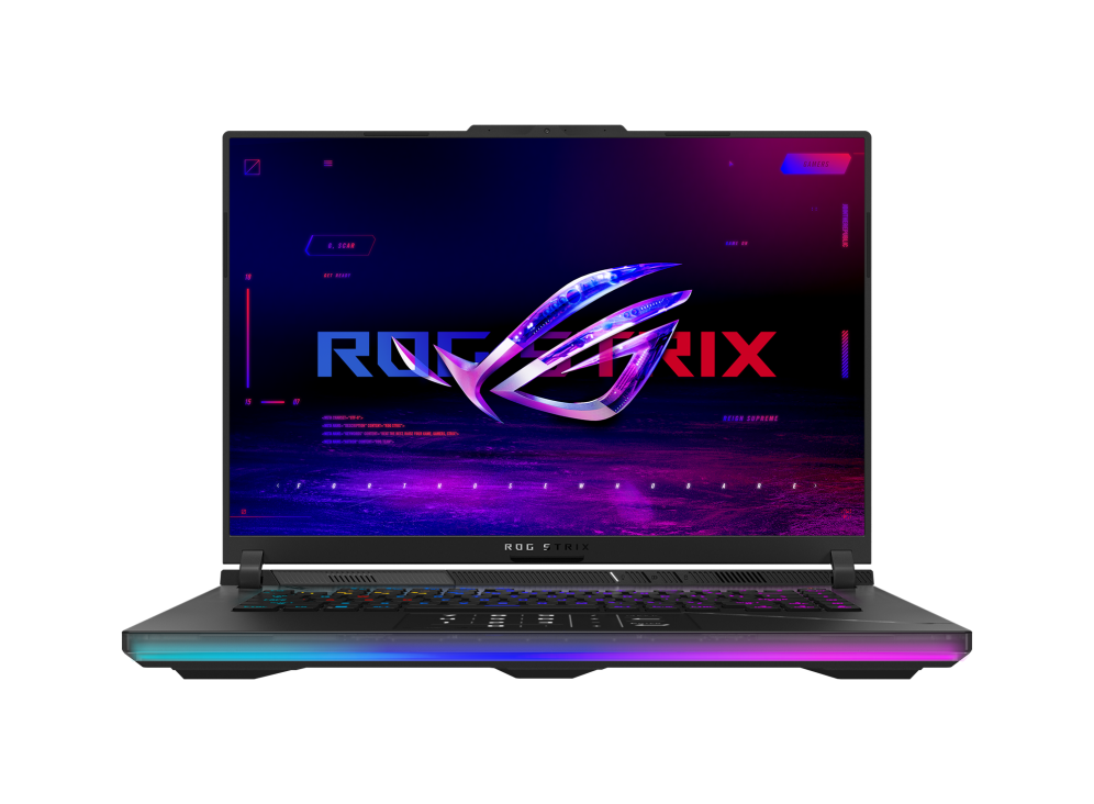 Strix SCAR 16_Front view of the Strix SCAR 16, with the ROG Fearless Eye logo visible on screen and the keyboard visible