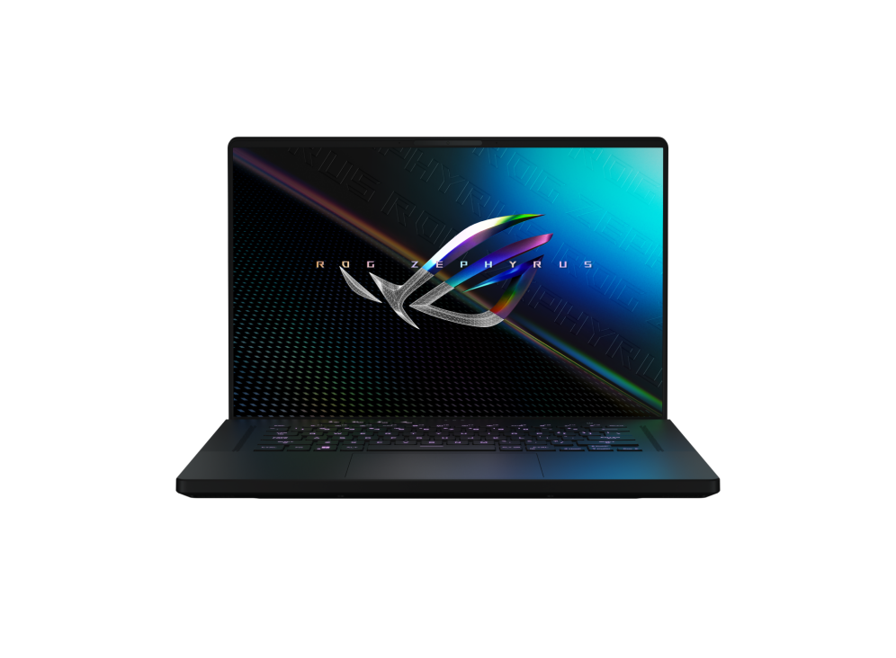 Black Zephyrus M16 with ROG logo on screen.