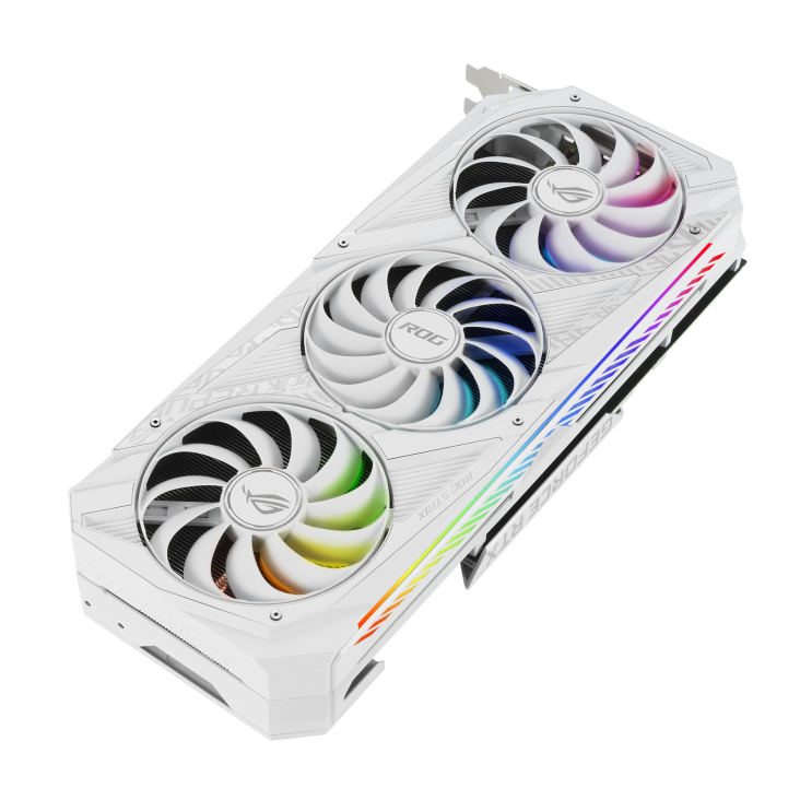 ROG-STRIX-RTX3070-8G-WHITE graphics card, front angled view