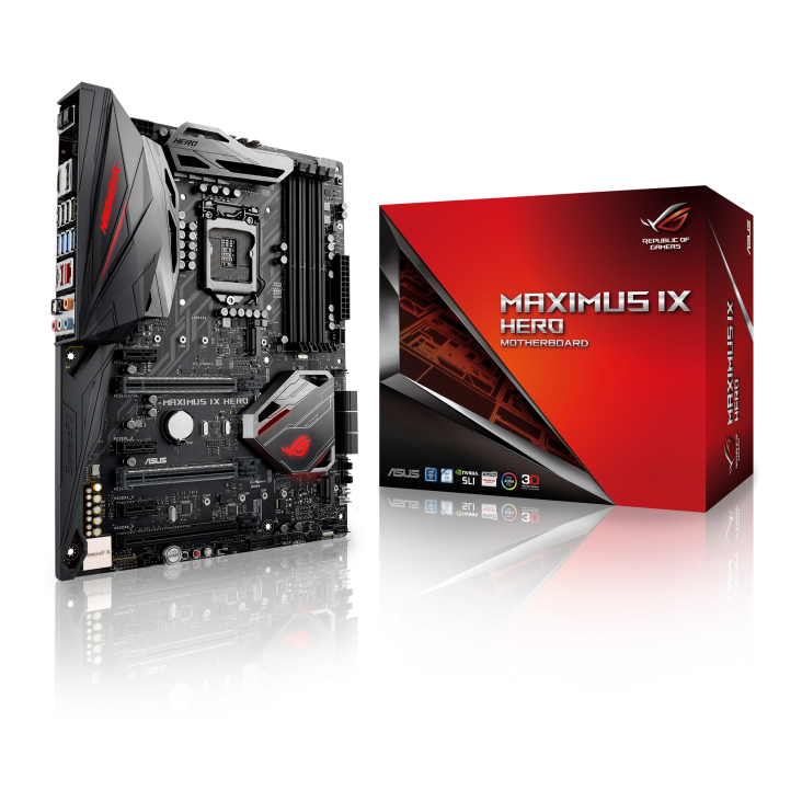 ROG MAXIMUS IX HERO angled view from left with the box