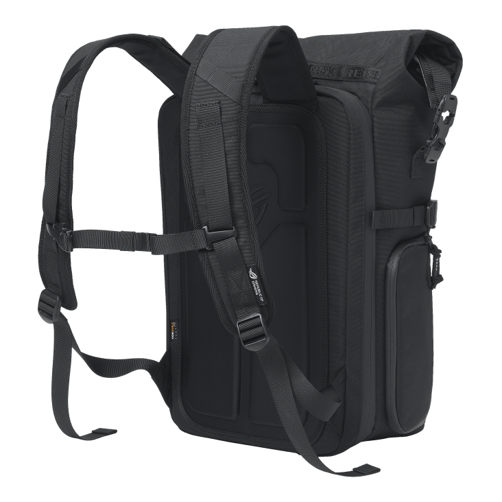 Back side right angle of the ROG Archer Backpack 17 with the straps visible