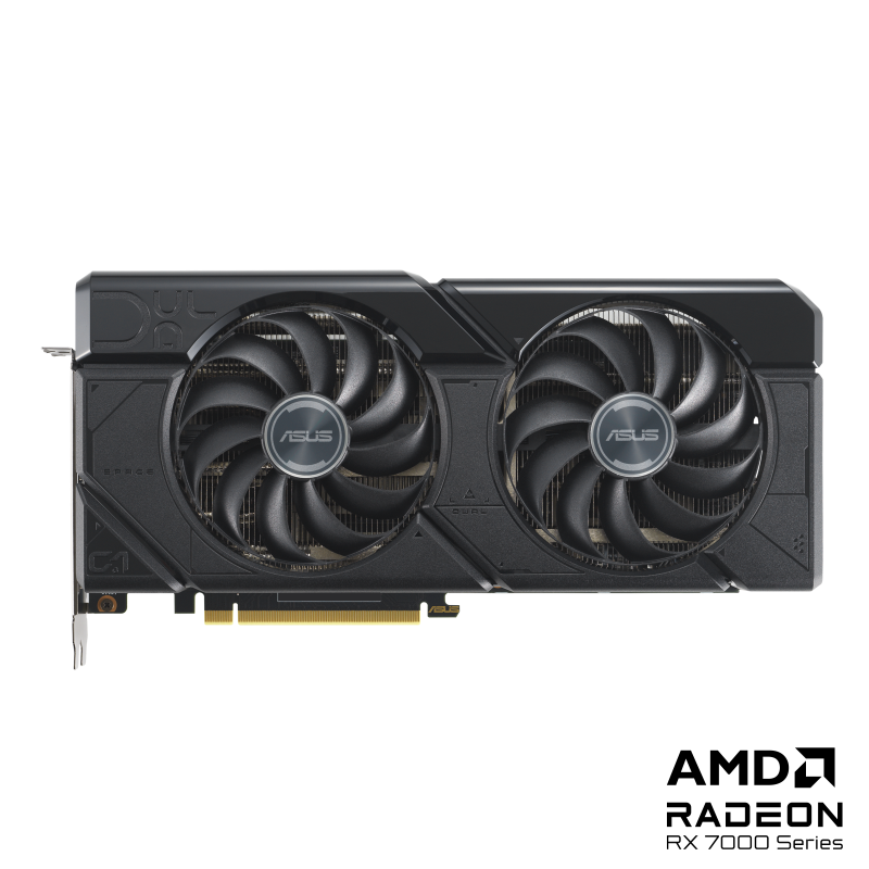 ASUS Dual Radeon RX 7800 XT front view of the with black AMD logo