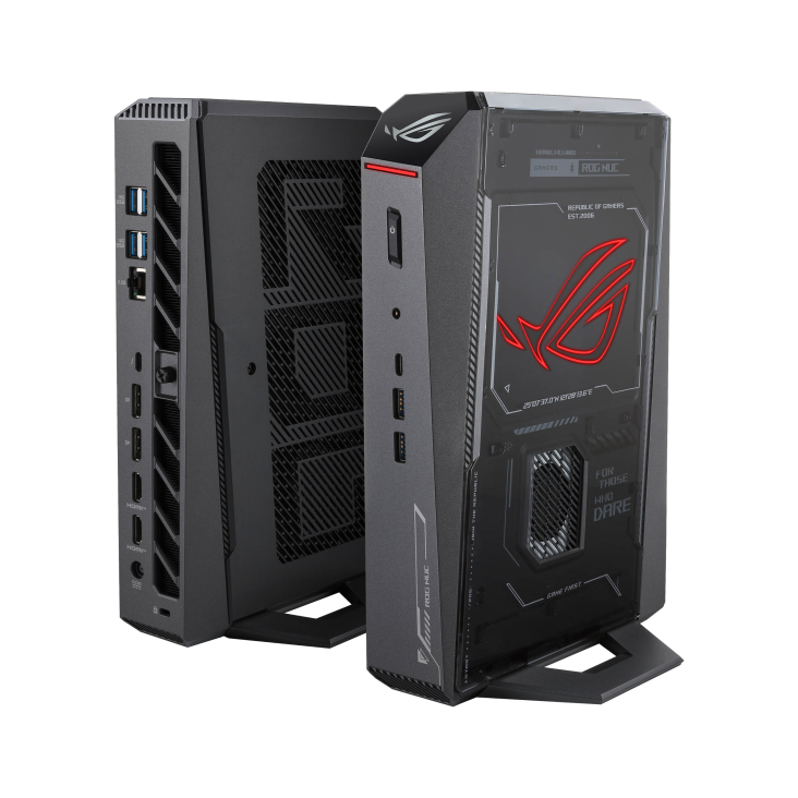 15_ROG NUC 2025, two ROG NUC front one showing front panel back one showing ROG words with power on