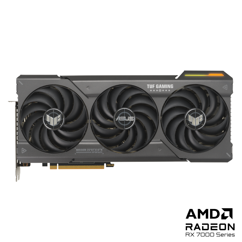 Front view of the TUF Gaming AMD Radeon RX 7800 XT OC Edition graphics card with AMD logo