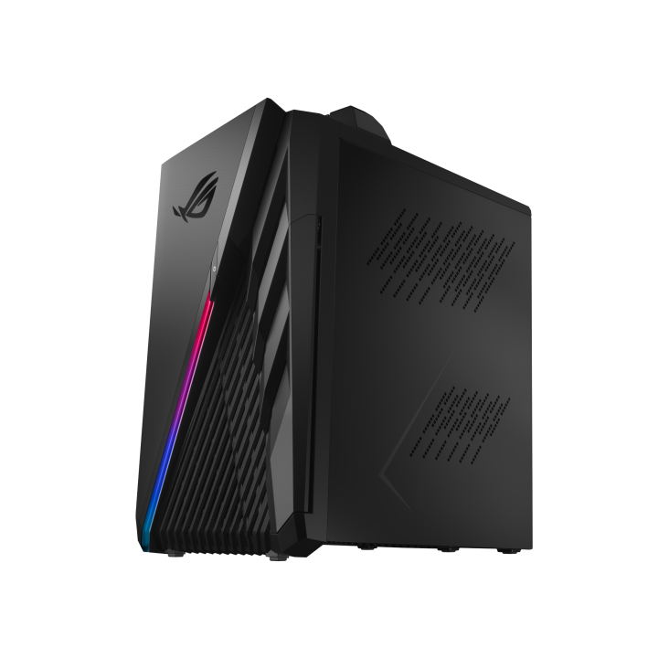The ROG Strix GT35 desktop is tilted to the left