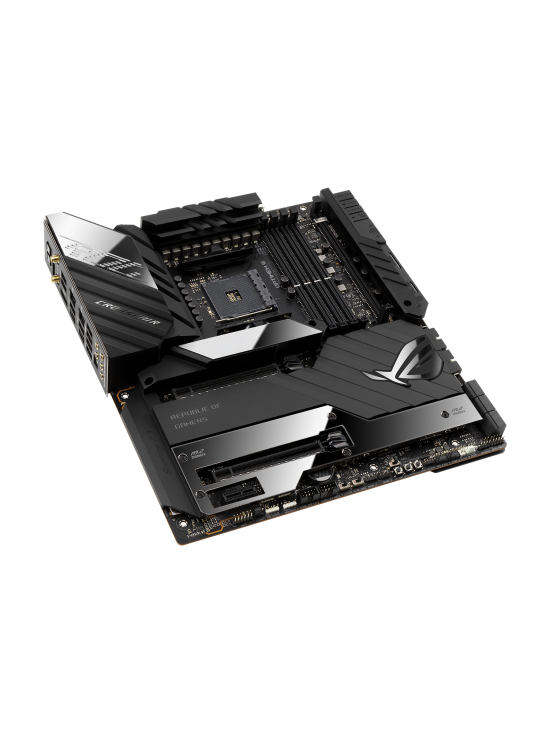 ROG CROSSHAIR VIII EXTREME top and angled view from left