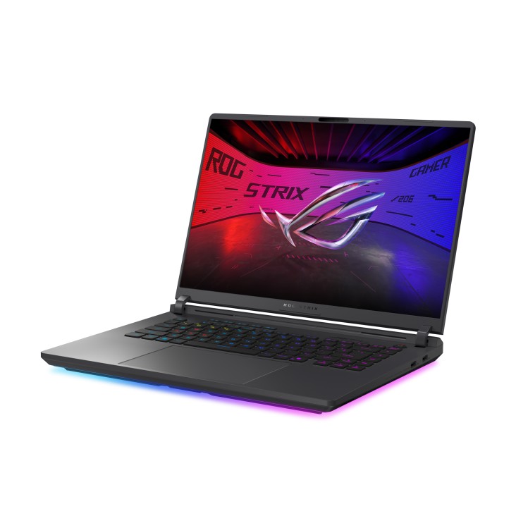 Off center shot of the front of the Strix G16, with the ROG Fearless Eye logo on screen