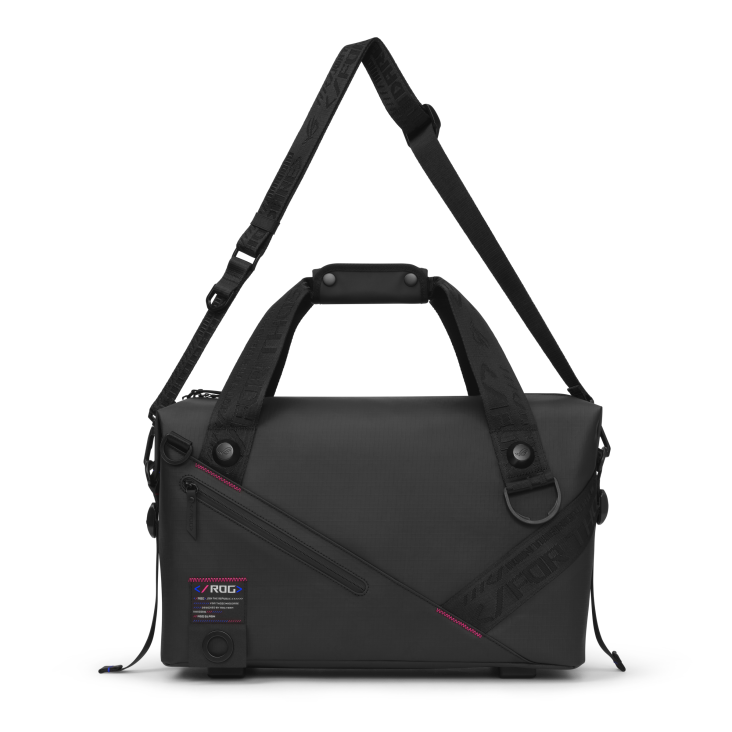 SLASH Duffle Bag on a white background, with the carrying handle and the shoulder strapabove the bag