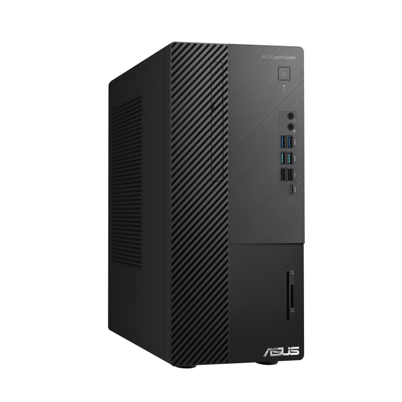 A right angled front view of an ASUS ExpertCenter D7 Mini Tower