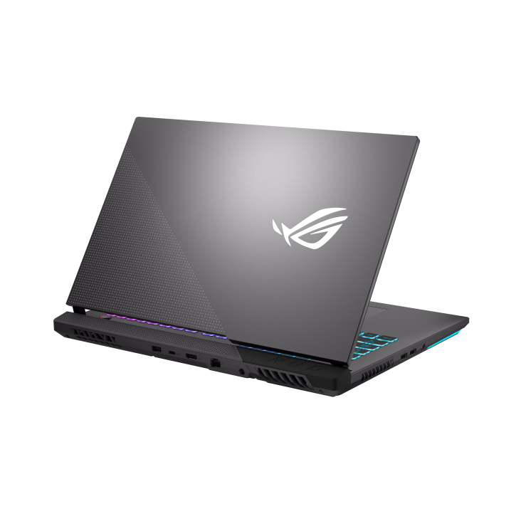 Off center rear view of the Eclipse Gray ROG Strix G17, with the lid half open.