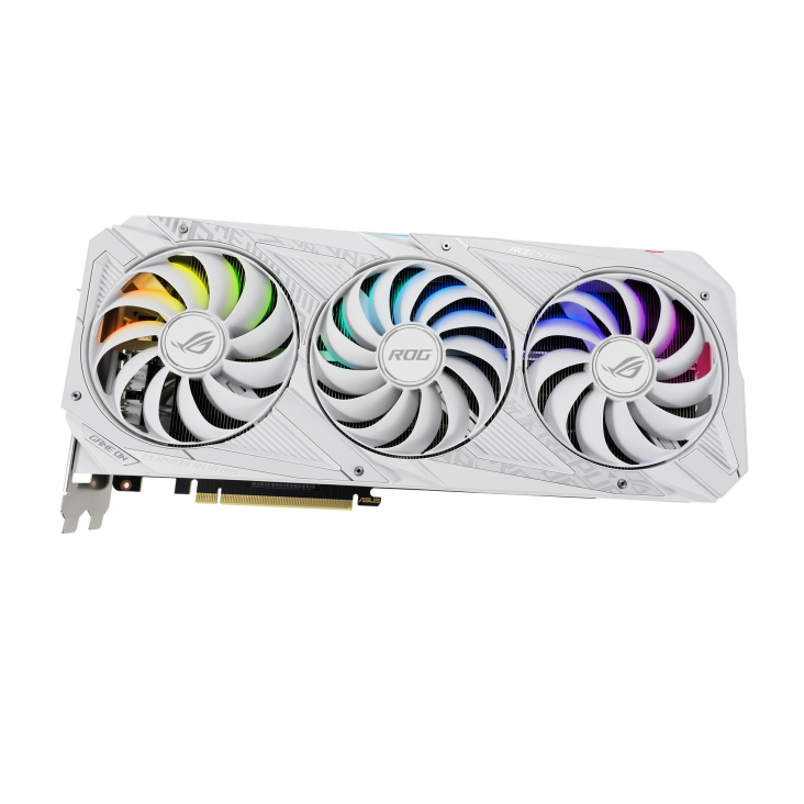 ROG-STRIX-RTX3080-10G-WHITE graphics card, front angled view