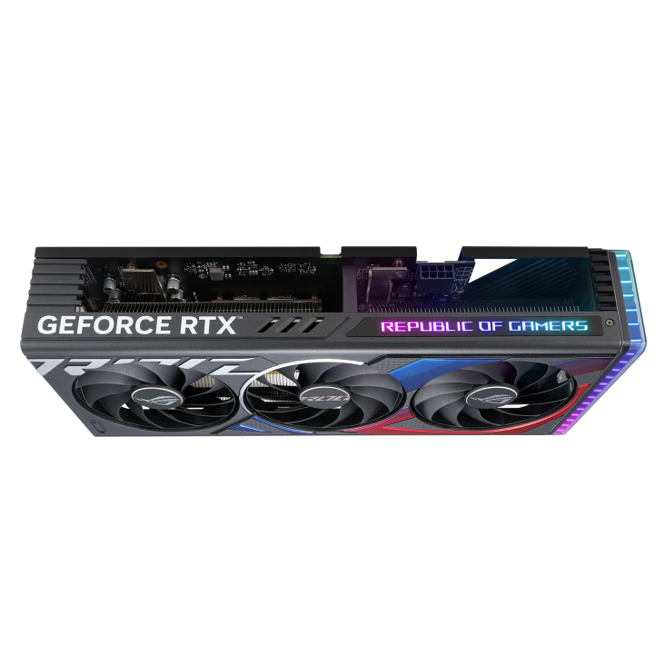 ROG Strix GeForce RTX 4060 Ti angled top view, showing off the ARGB element