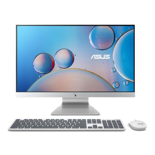 Een ASUS Advanced AiO wordt van voren getoond, met toetsenbord en muis, tegen een witte achtergrond.