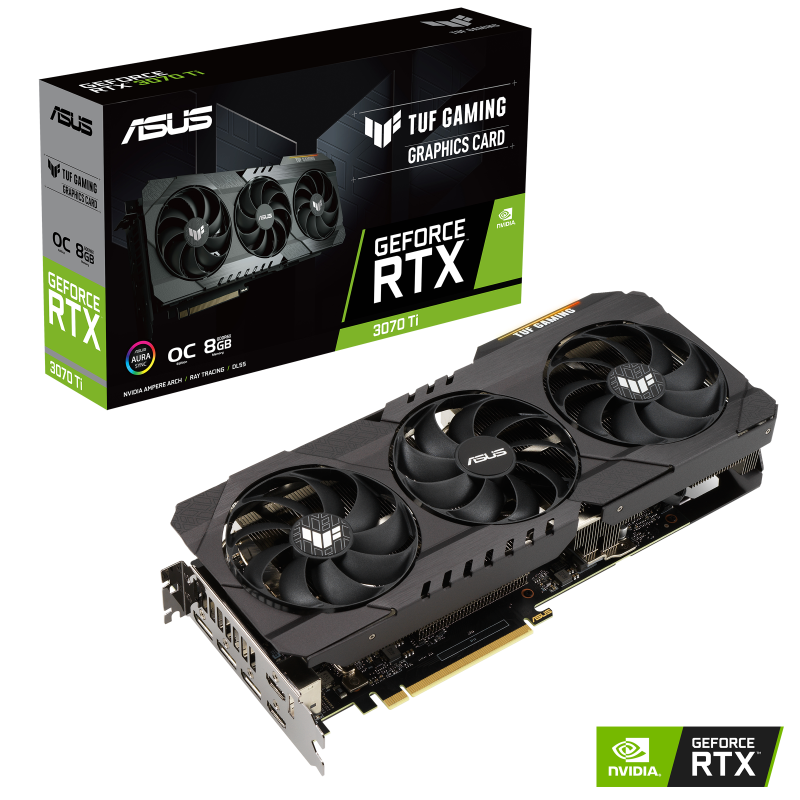 TUF Gaming GeForce RTX 3070 Ti OC Edition Packaging and graphics card with NVIDIA logo