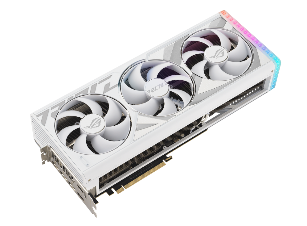 Front angled view of the ROG Strix GeForce RTX4080 White edition graphics card