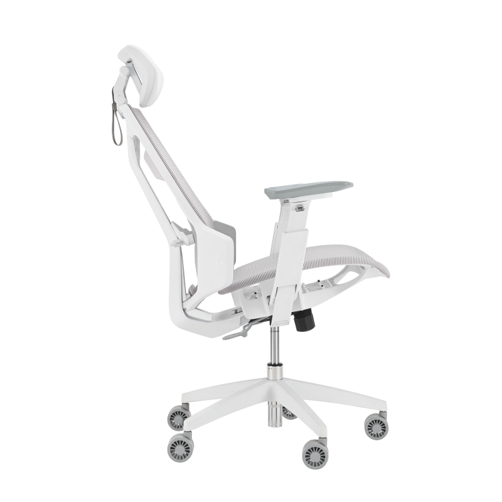 The left side view of ROG Destrier Core in Moonlight White Edition, shown in a reclined position
