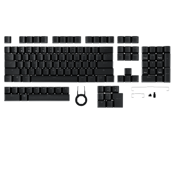 ROG PBT Keycap Set, flat laid with all parts