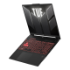 2024 TUF Gaming A16 Off center view of the TUF A16, with the TUF logo on screen and the keyboard illuminated in red