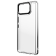 Transparent phone case angled 45 degrees to the left, showcasing a glossy finish and black button accents.