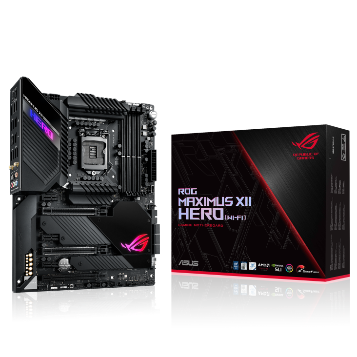 ROG MAXIMUS XII HERO (WI-FI) angled view from left with the box
