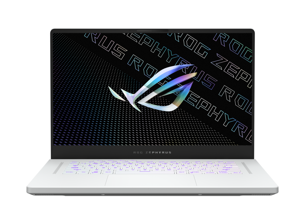 Front view of a white Zephyrus G15, with the ROG logo visible on screen.