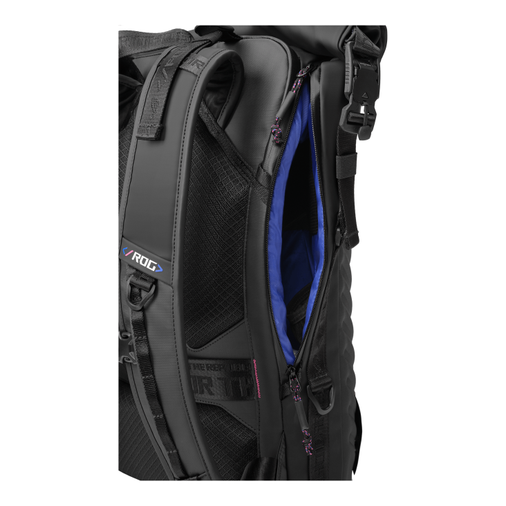 Black backpack with blue interior and ROG branding on the strap