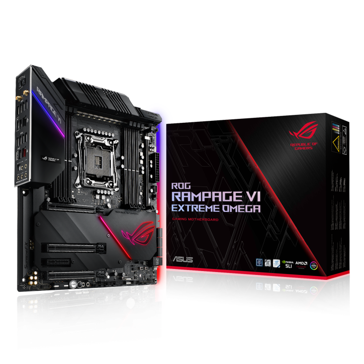 ROG RAMPAGE VI EXTREME OMEGA angled view from left with the box