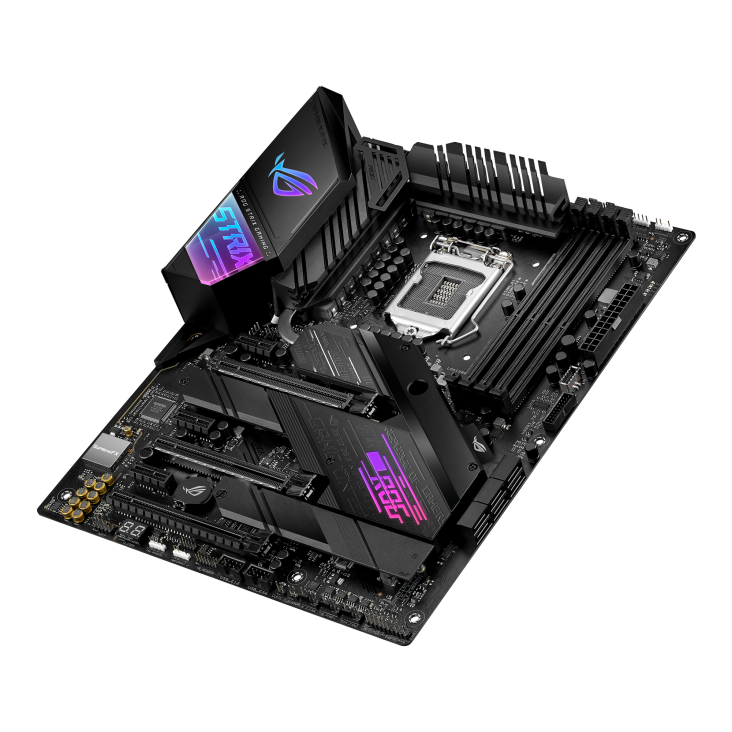 ROG STRIX Z490-E GAMING top and angled view from right
