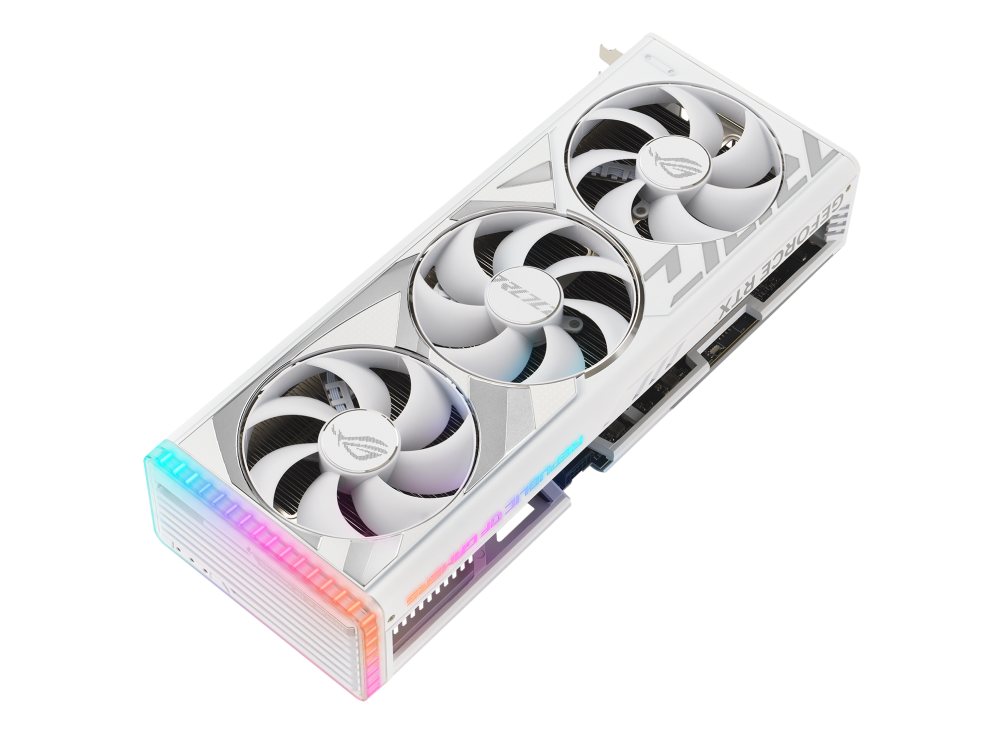 Front angled view of the ROG Strix GeForce RTX4090 White edition graphics card1