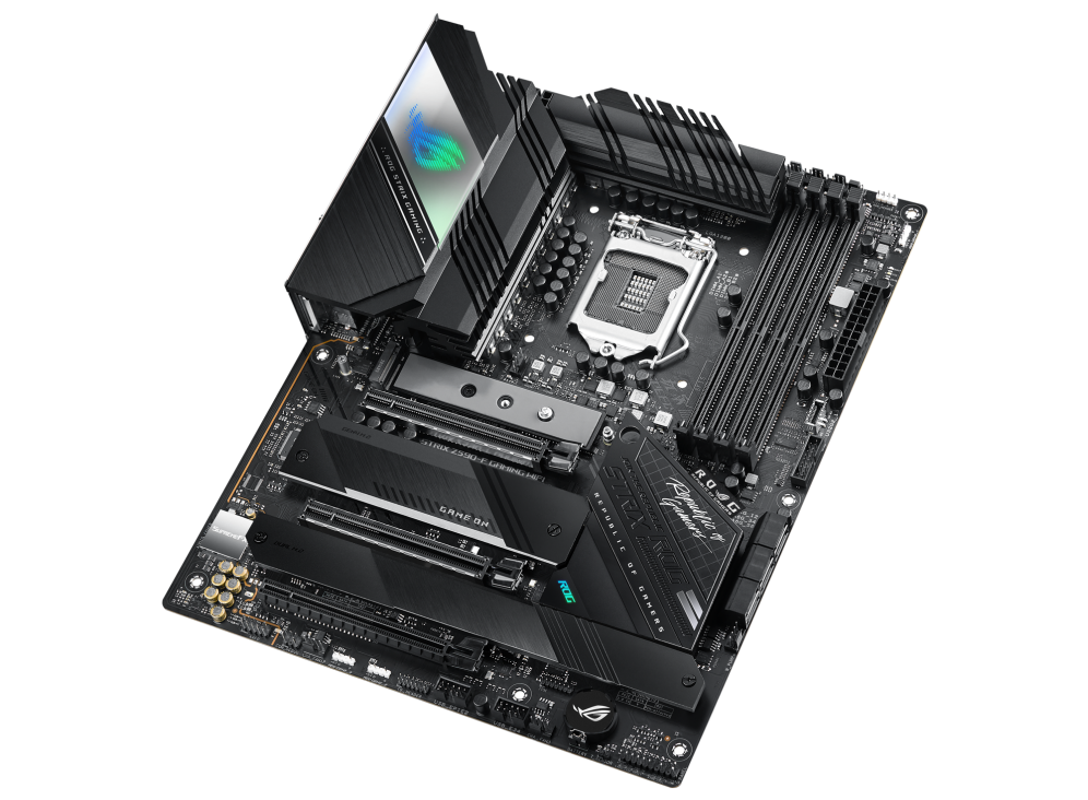 ROG STRIX Z590-F GAMING WIFI top and angled view from right