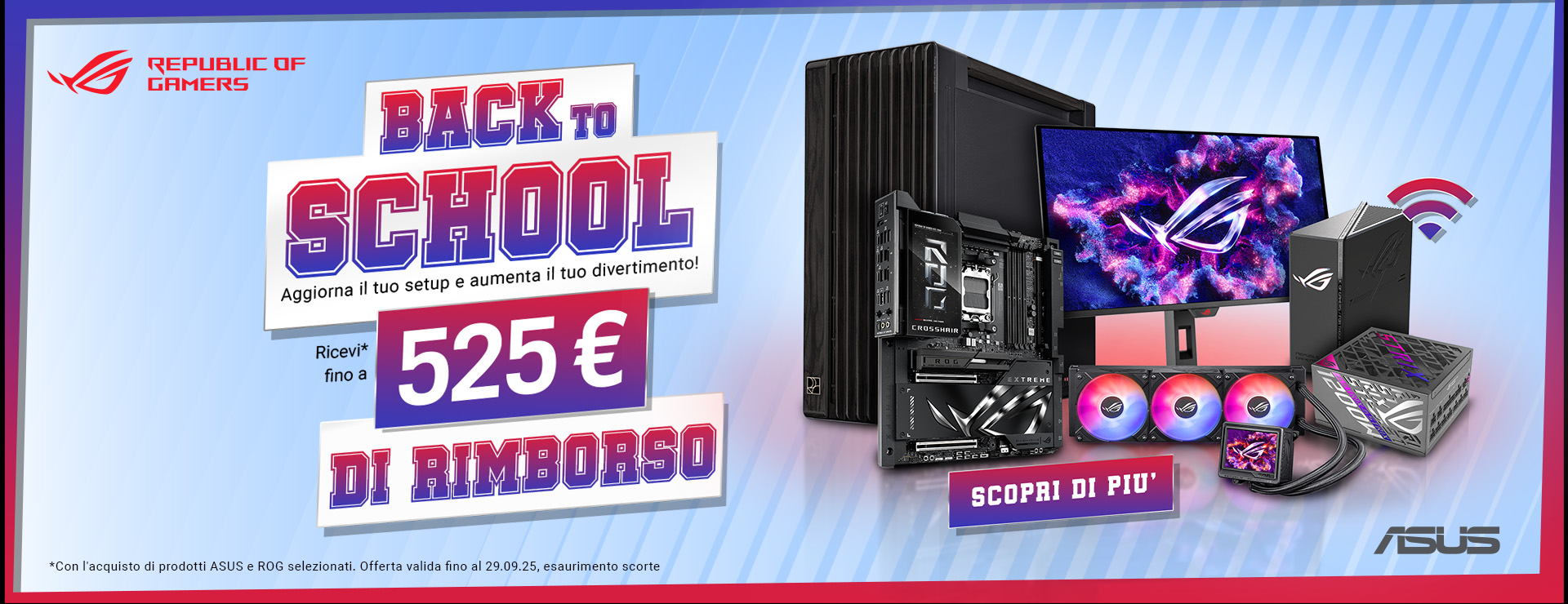 L'immagine è una tipica pubblicità di prodotti tecnologici avanzati, mirata a coloro che desiderano aggiornare il proprio setup informatico. In primo piano ci sono diversi componenti per computer, tra cui un monitor, un case, una scheda madre, ventole e unità. Lo sfondo è blu con sfumature diagonali che donano un aspetto moderno e dinamico. La promozione è relative al periodo Back To School.