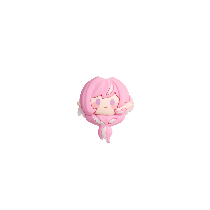 A small chibi Elysia-shaped pink cable protector with flowing hair and cute facial expression.