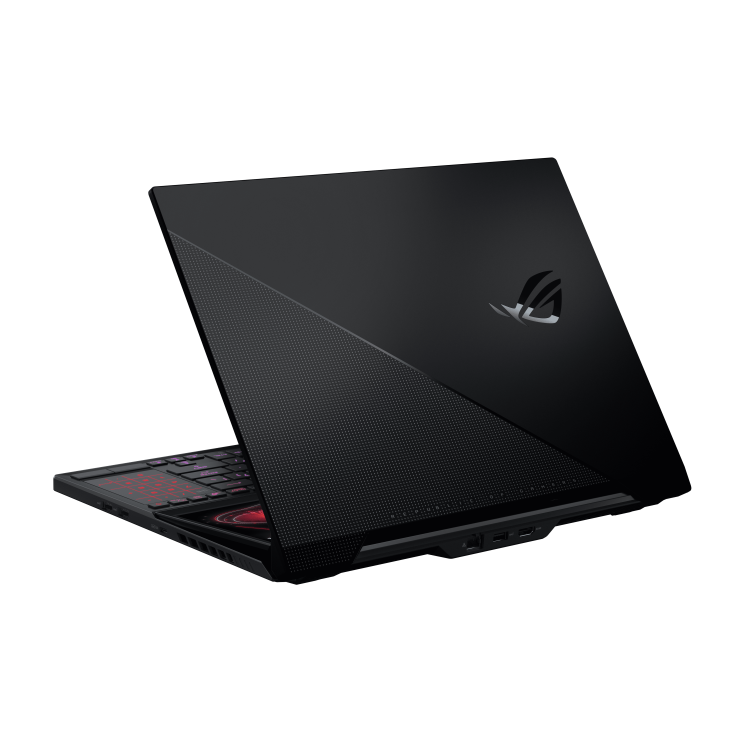 Off-center rear view of the ROG Zephyrus Duo 15 Special Edition with the ROG Fearless Eye logo and slash design.