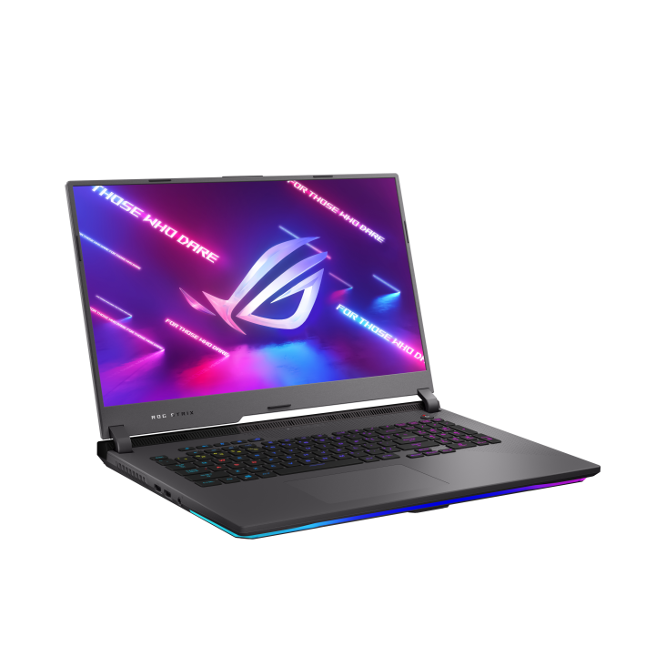 Off center front view of the Eclipse Gray ROG Strix G17, with the ROG logo on screen and keyboard illuminated.